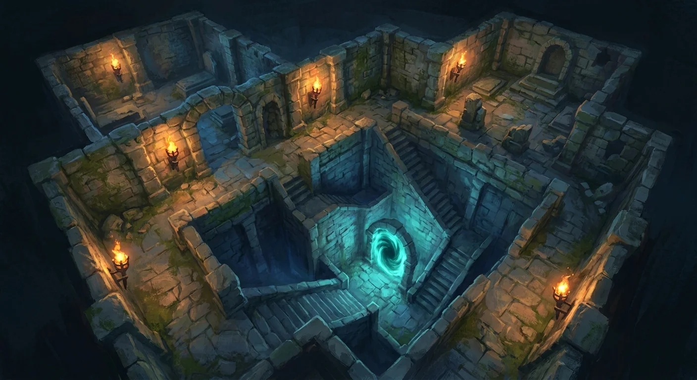 An isometric crypt dungeon with a glowing portal