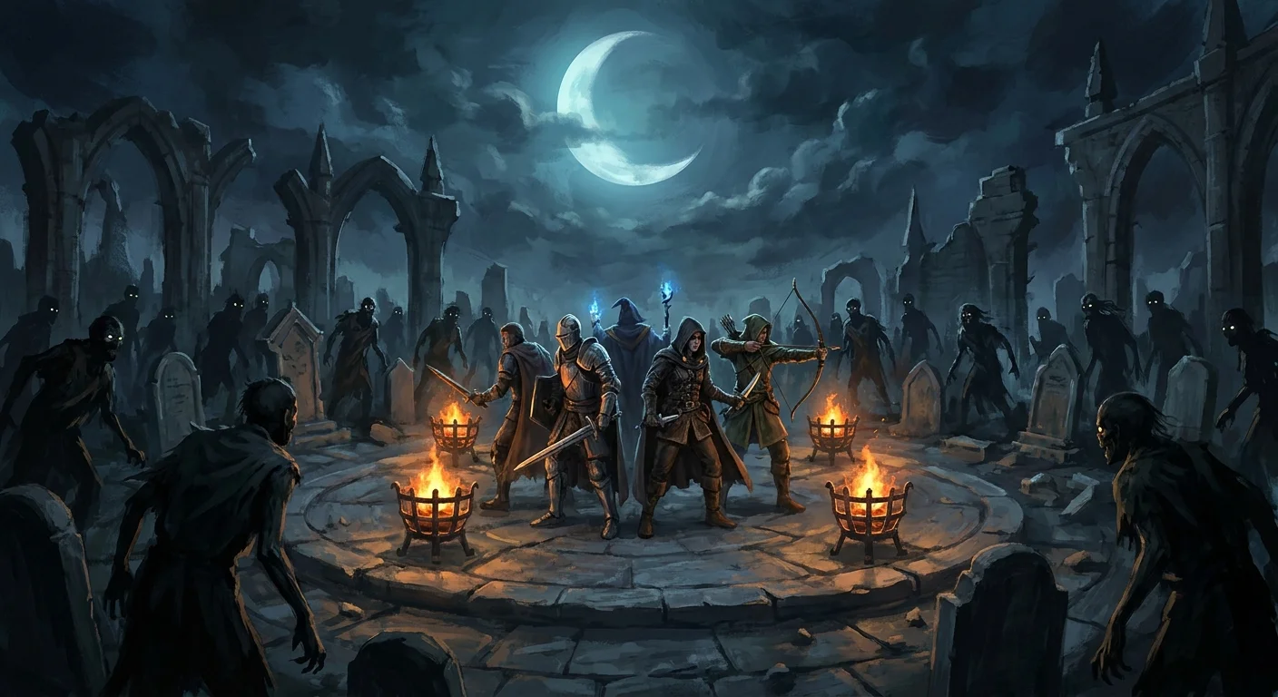 A graveyard arena lit by green fire